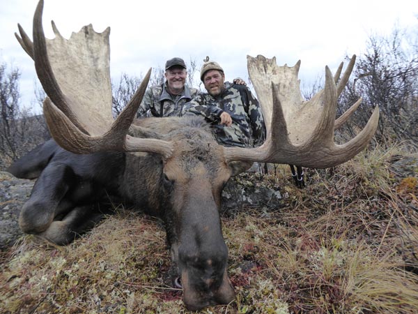 Two hunters posing next to a moose they killed