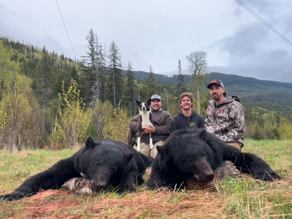 A hunter posing next to a black bear that they killed